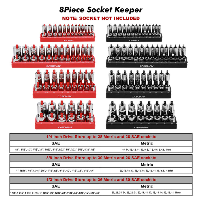 CASOMAN 8-Piece Metric & SAE Socket Keeper Socket Organizer Tray Set, Black & Red Socket Holder, Store 90 Shallow & 88 Deep Sockets