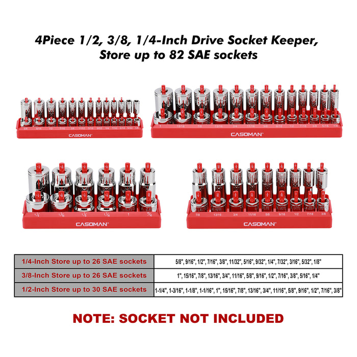 CASOMAN 4PCS Socket Tray Set, SAE, 1/2" & 3/8" & 1/4"Drive, Red Socket Holders and Socket Organizer Tray for Toolbox, Store 82 Deep & Shallow Sockets