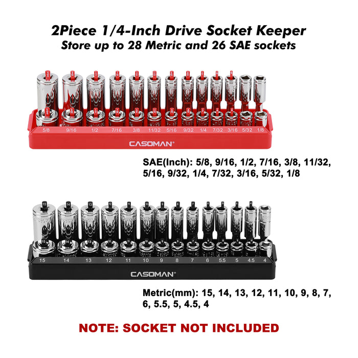 CASOMAN 2PCS Socket Tray Set, Black & Red, 1/4"Dr. Deep and Shallow Socket Holders, Holds 26 SAE & 28 Metric Sockets
