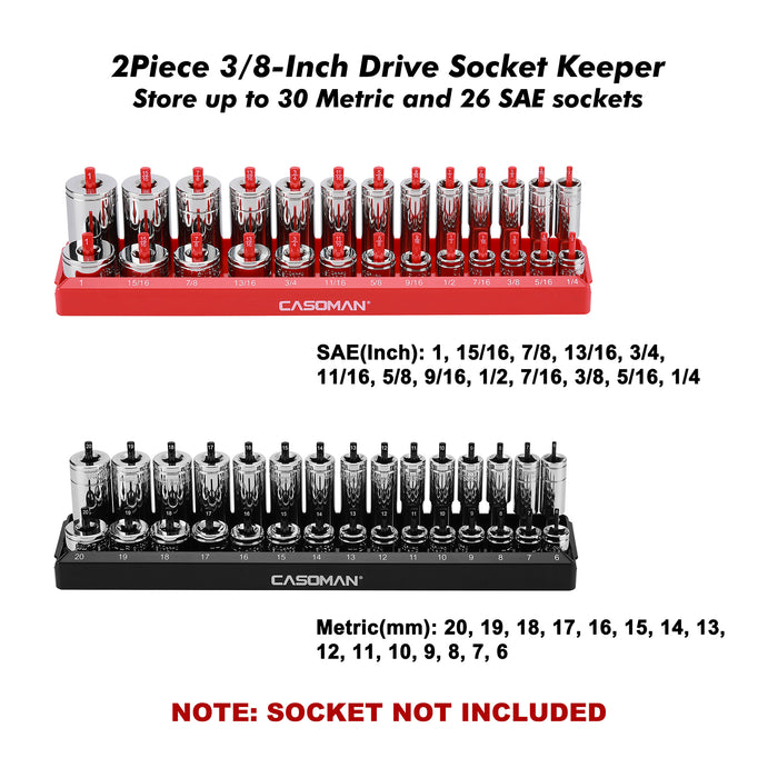 CASOMAN 2PCS Socket Tray Set, Black & Red, 3/8" Drive Deep and Shallow Socket Holders, Holds 26 SAE & 30 Metric Sockets