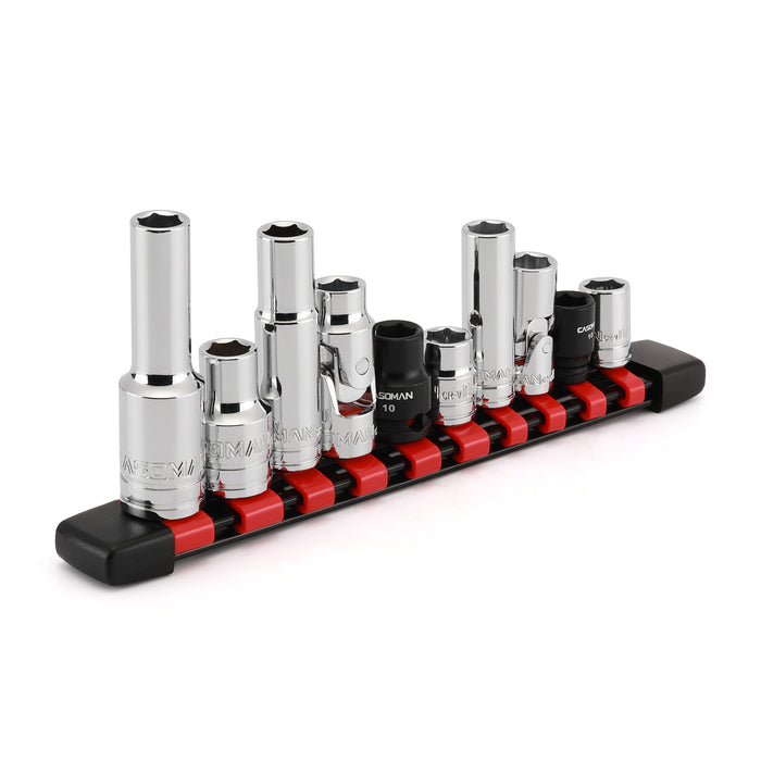 CASOMAN 10-Pieces Impact Socket & Flex Socket Set - 10mm, 1/4" & 3/8" & 1/2" Drive, 6-Point, Magnetic Impact Sockets, with Storage Rail
