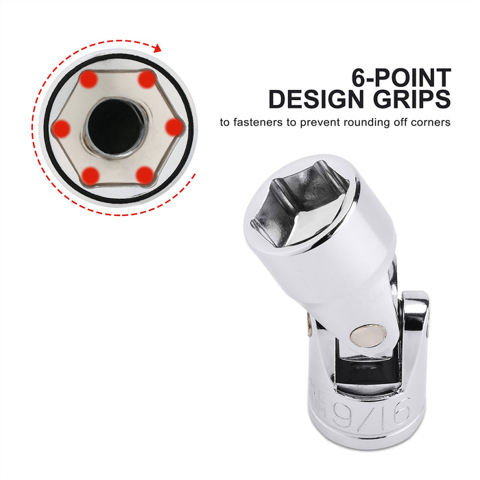 CASOMAN 17PCS 3/8" Drive Universal Flex Socket Set, SAE&Metric, 3/8" to 3/4", 10mm to 19mm, 6-Point, CR-V, Swivel Head, 360 Degree Access