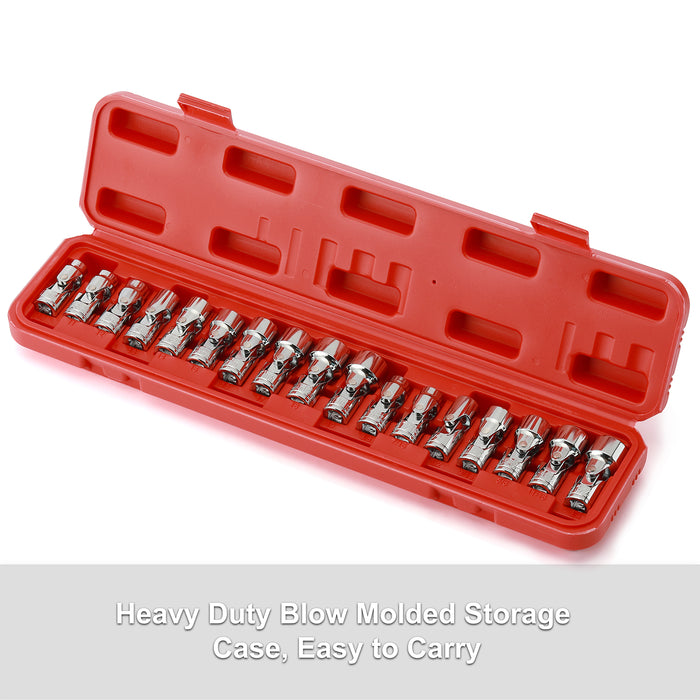 CASOMAN 17PCS 3/8" Drive Universal Flex Socket Set, SAE&Metric, 3/8" to 3/4", 10mm to 19mm, 6-Point, CR-V, Swivel Head, 360 Degree Access