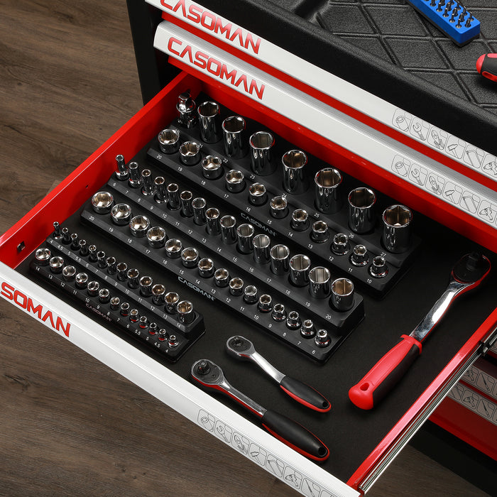CASOMAN 3PCS Magnetic Socket Organizer, Socket Holder Kit, 1/2-inch, 3/8-inch, 1/4-inch Drive, Holds 75 Metric Sockets, Black Color, Professional Quality Tools Organizer