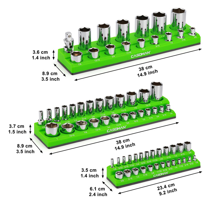CASOMAN 3PCSMagnetic Socket Organizer, 1/4-Inch, 3/8-Inch, 1/2-Inch, Green Color, Magnetic Socket Holder, Holds 68 SAE Sockets