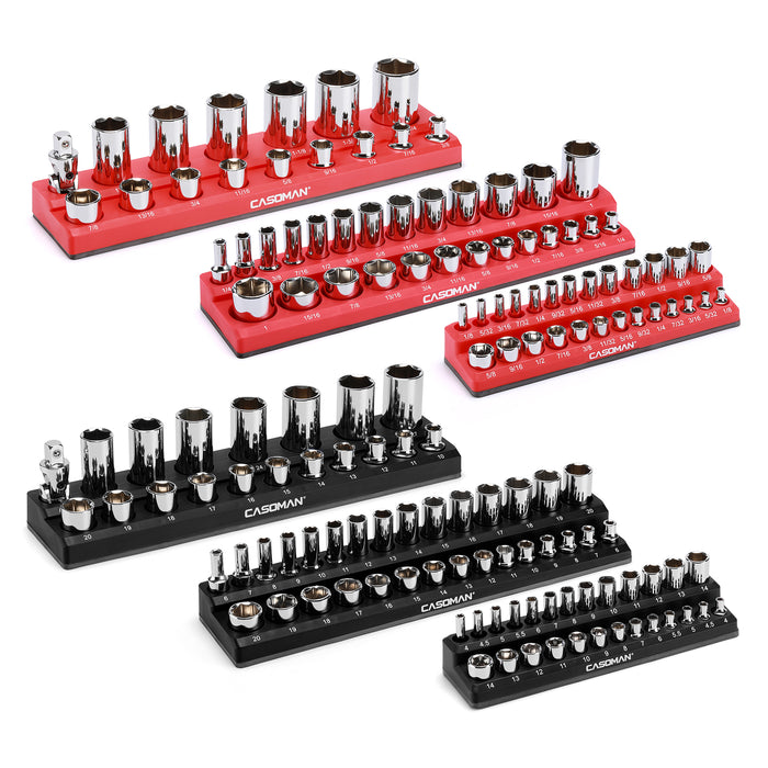 CASOMAN Magnetic Socket Organizer, 6 Piece Socket Holder Kit, 1/2-inch, 3/8-inch, 1/4-inch Drive, Holds 143 SAE&Metric Sockets, Black & Red, Professional Quality Tools Organizer