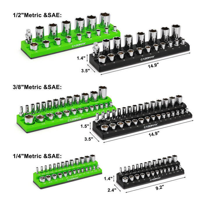 CASOMAN Magnetic Socket Organizer, 6 Piece Socket Holder Kit, 1/2-inch, 3/8-inch, 1/4-inch Drive, Holds 143 SAE&Metric Sockets, Black & Green, Professional Quality Tools Organizer