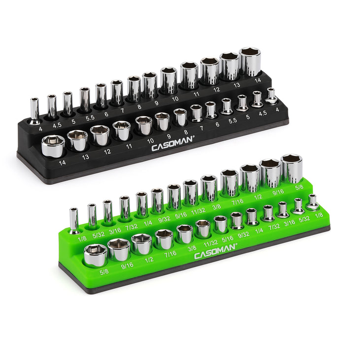 CASOMAN 2PCS 1/4-Inch Magnetic Socket Organizer, Holds 26 Metric & 26 SAE Sockets, Black & Green, Magnetic Socket Holder