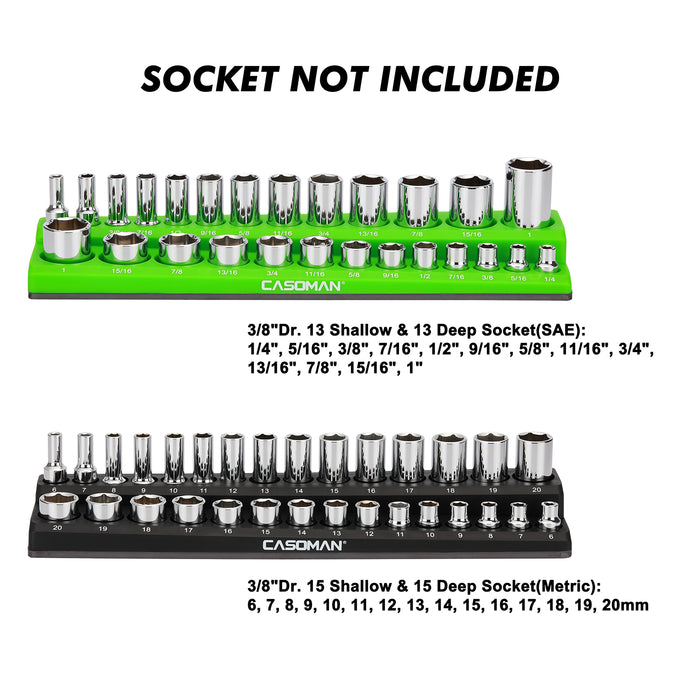 CASOMAN 2PCS 3/8-Inch Magnetic Socket Organizer, Holds 30 Metric & 26 SAE Sockets, Black & Green, Magnetic Socket Holder