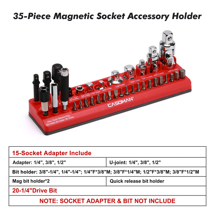 CASOMAN 35-Piece Magnetic Socket Accessory Holder, Magnetic Tool Organizer Tray, Holds Bits, Adapters, Universal Joints,Bit Holders, and Bits