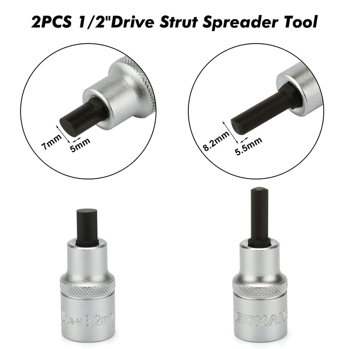 CASOMAN 2PCS 1/2-Inch Drive Strut Spreader Tool, 5.5 x 8.2 mm & 5 x 7mm, Expansion Insert for Suspension Strut Clamp, Strut Socket for Audi, VW, BMW, Mini, Ford