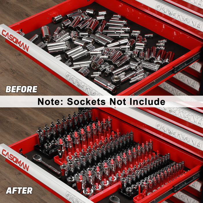 CASOMAN 8-Piece Metric & SAE Socket Keeper Socket Organizer Tray Set, Black & Red Socket Holder, Store 90 Shallow & 88 Deep Sockets