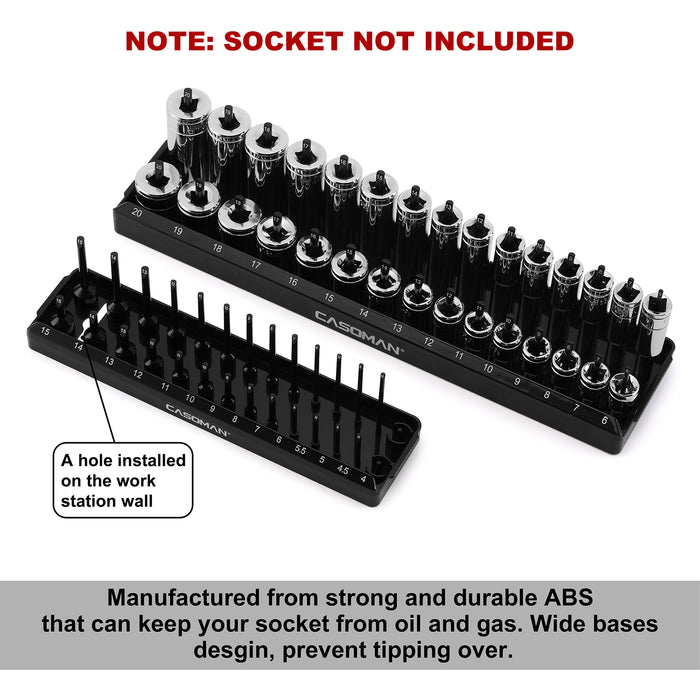 CASOMAN 4PCS Socket Tray Set, Metric, 1/2" & 3/8" & 1/4"Drive, Black Socket Holders and Socket Organizer Tray for Toolbox, Store 94 Deep & Shallow Sockets
