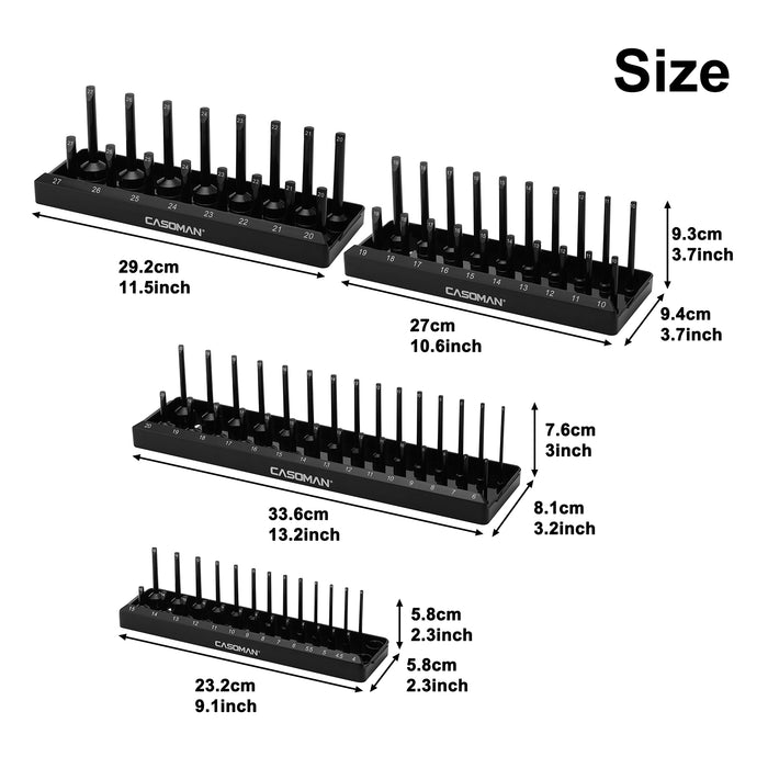 CASOMAN 4PCS Socket Tray Set, Metric, 1/2" & 3/8" & 1/4"Drive, Black Socket Holders and Socket Organizer Tray for Toolbox, Store 94 Deep & Shallow Sockets