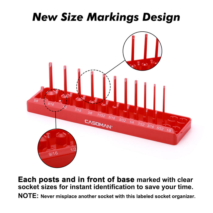 CASOMAN 4PCS Socket Tray Set, SAE, 1/2" & 3/8" & 1/4"Drive, Red Socket Holders and Socket Organizer Tray for Toolbox, Store 82 Deep & Shallow Sockets