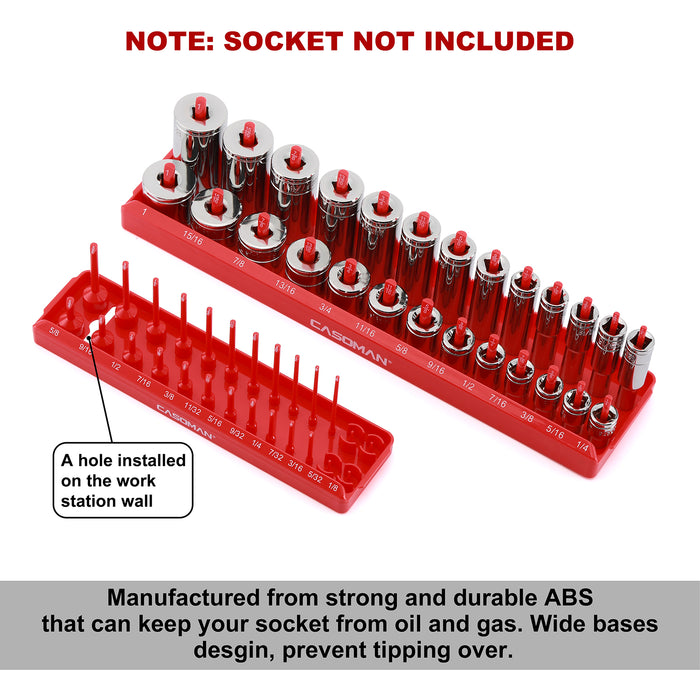 CASOMAN 4PCS Socket Tray Set, SAE, 1/2" & 3/8" & 1/4"Drive, Red Socket Holders and Socket Organizer Tray for Toolbox, Store 82 Deep & Shallow Sockets