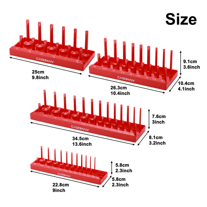CASOMAN 4PCS Socket Tray Set, SAE, 1/2" & 3/8" & 1/4"Drive, Red Socket Holders and Socket Organizer Tray for Toolbox, Store 82 Deep & Shallow Sockets