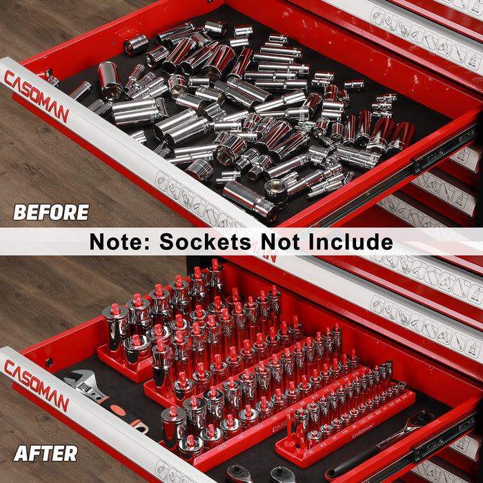 CASOMAN 4PCS Socket Tray Set, SAE, 1/2" & 3/8" & 1/4"Drive, Red Socket Holders and Socket Organizer Tray for Toolbox, Store 82 Deep & Shallow Sockets