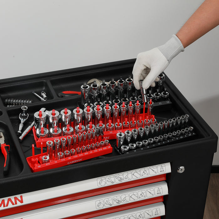 CASOMAN 4PCS Socket Tray Set, SAE, 1/2" & 3/8" & 1/4"Drive, Red Socket Holders and Socket Organizer Tray for Toolbox, Store 82 Deep & Shallow Sockets