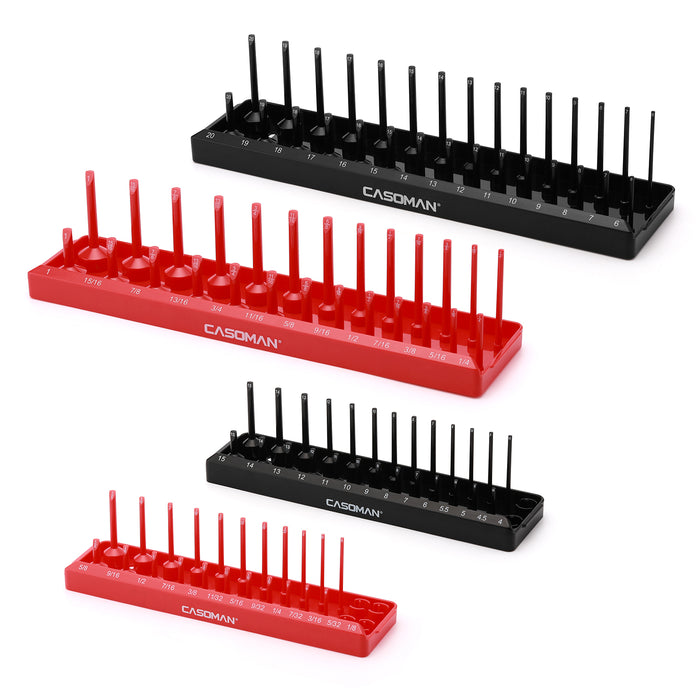 CASOMAN 4PCS Socket Tray Set, Black & Red, 3/8" & 1/4"Drive, Deep and Shallow Socket Holders and Socket Organizer Tray for Toolbox, Holds 52 SAE & 58 Metric Sockets