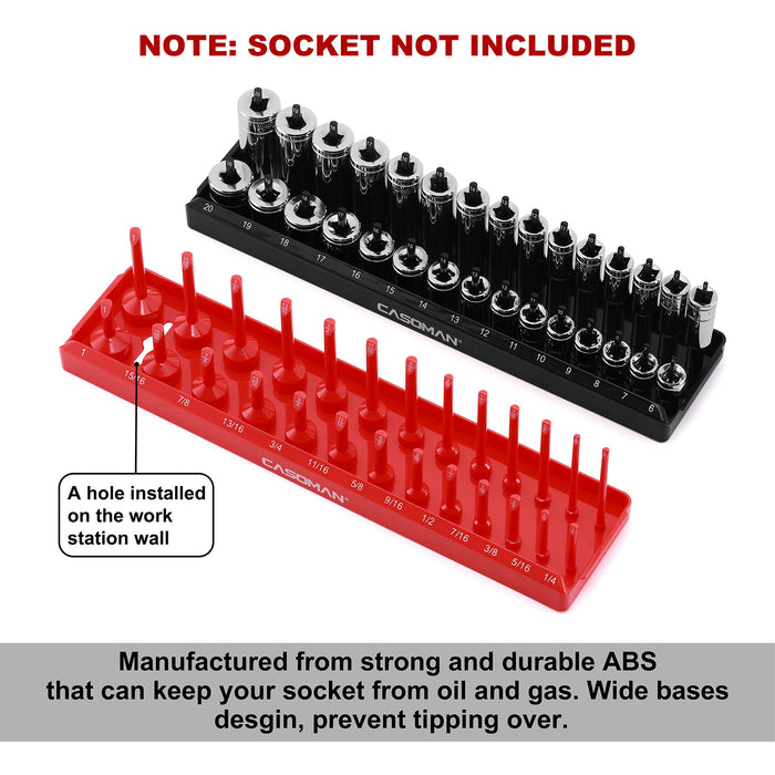 CASOMAN 4PCS Socket Tray Set, Black & Red, 3/8" & 1/4"Drive, Deep and Shallow Socket Holders and Socket Organizer Tray for Toolbox, Holds 52 SAE & 58 Metric Sockets