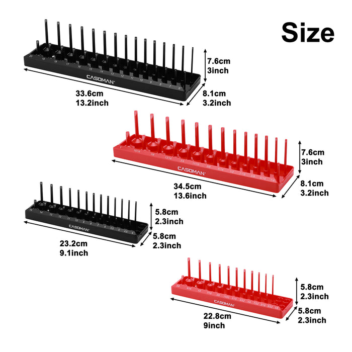 CASOMAN 4PCS Socket Tray Set, Black & Red, 3/8" & 1/4"Drive, Deep and Shallow Socket Holders and Socket Organizer Tray for Toolbox, Holds 52 SAE & 58 Metric Sockets