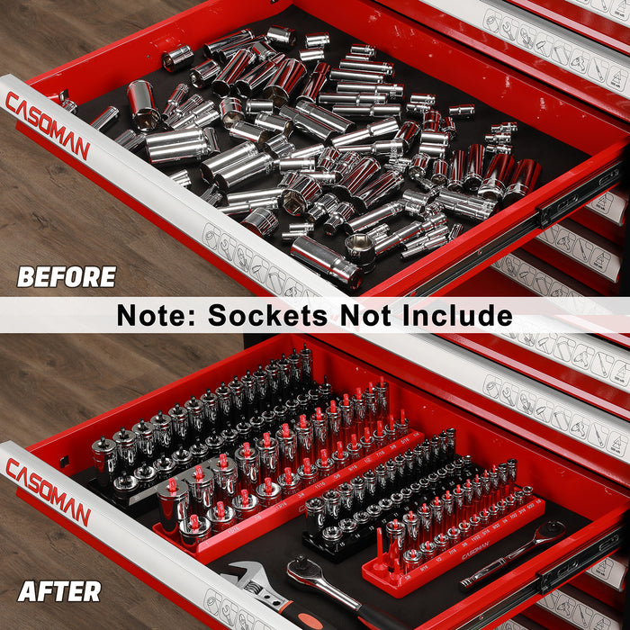 CASOMAN 4PCS Socket Tray Set, Black & Red, 3/8" & 1/4"Drive, Deep and Shallow Socket Holders and Socket Organizer Tray for Toolbox, Holds 52 SAE & 58 Metric Sockets