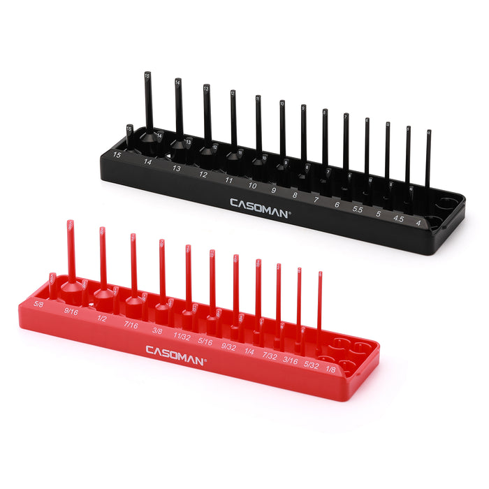 CASOMAN 2PCS Socket Tray Set, Black & Red, 1/4"Dr. Deep and Shallow Socket Holders, Holds 26 SAE & 28 Metric Sockets