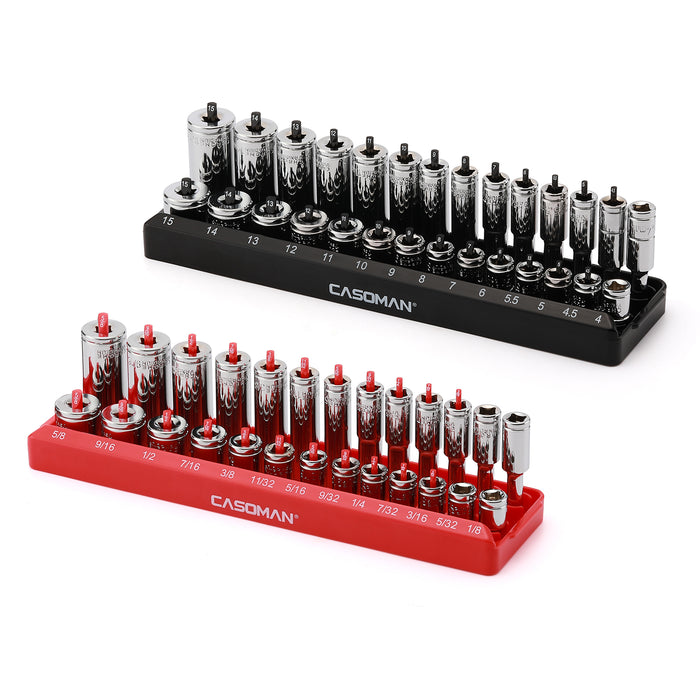 CASOMAN 2PCS Socket Tray Set, Black & Red, 1/4"Dr. Deep and Shallow Socket Holders, Holds 26 SAE & 28 Metric Sockets
