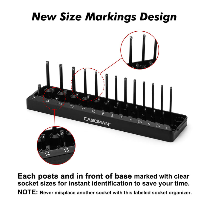 CASOMAN 2PCS Socket Tray Set, Black & Red, 1/4"Dr. Deep and Shallow Socket Holders, Holds 26 SAE & 28 Metric Sockets