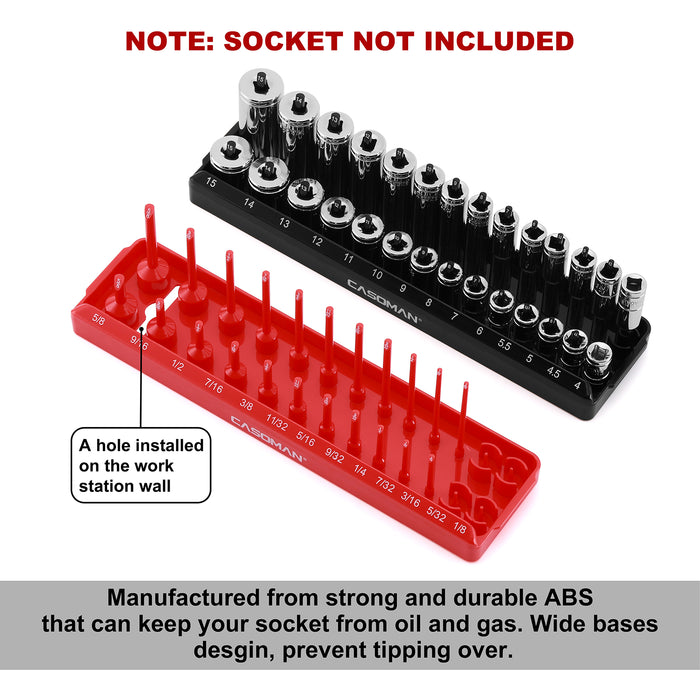 CASOMAN 2PCS Socket Tray Set, Black & Red, 1/4"Dr. Deep and Shallow Socket Holders, Holds 26 SAE & 28 Metric Sockets