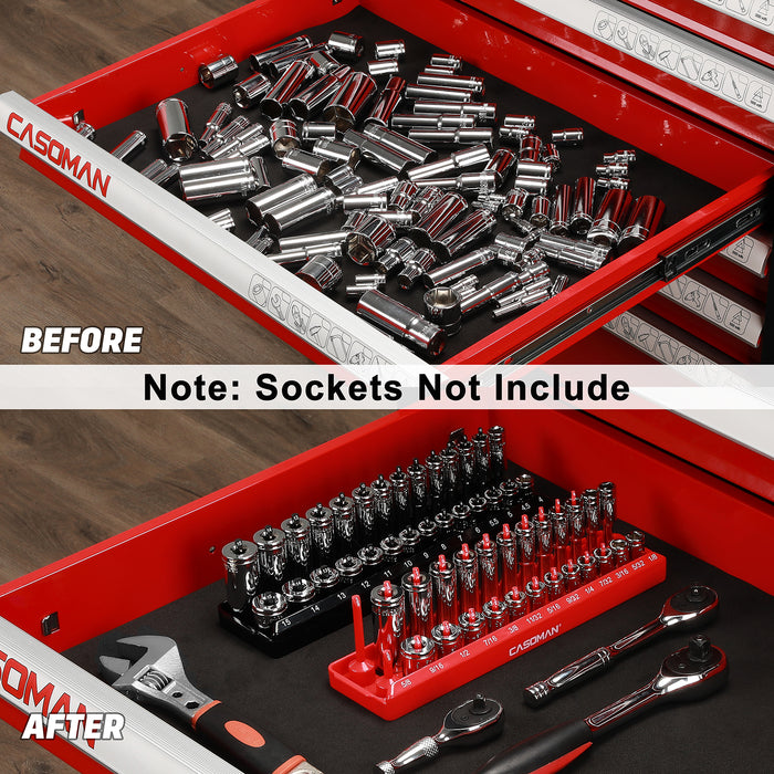 CASOMAN 2PCS Socket Tray Set, Black & Red, 1/4"Dr. Deep and Shallow Socket Holders, Holds 26 SAE & 28 Metric Sockets