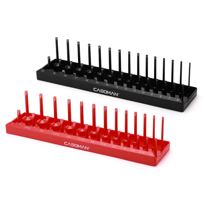 CASOMAN 2PCS Socket Tray Set, Black & Red, 3/8" Drive Deep and Shallow Socket Holders, Holds 26 SAE & 30 Metric Sockets