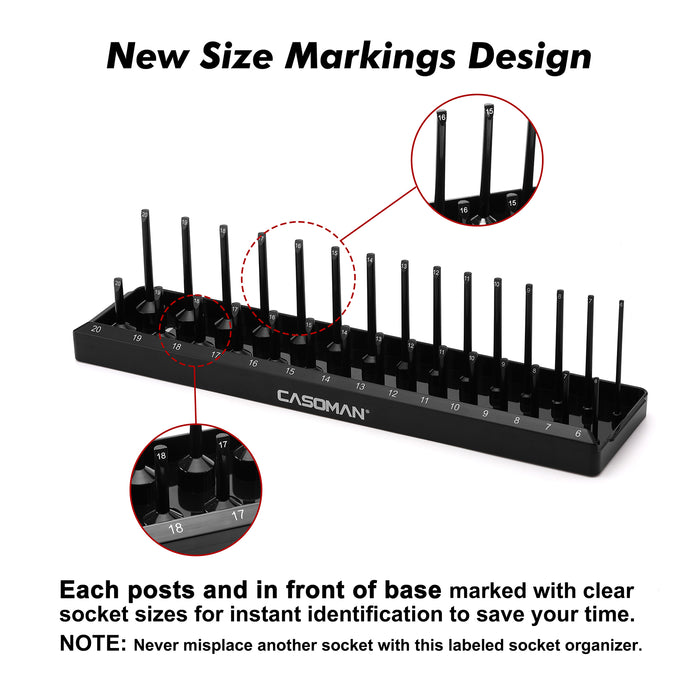 CASOMAN 2PCS Socket Tray Set, Black & Red, 3/8" Drive Deep and Shallow Socket Holders, Holds 26 SAE & 30 Metric Sockets