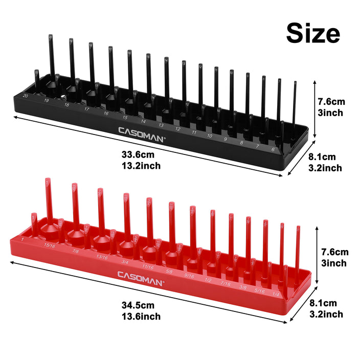 CASOMAN 2PCS Socket Tray Set, Black & Red, 3/8" Drive Deep and Shallow Socket Holders, Holds 26 SAE & 30 Metric Sockets