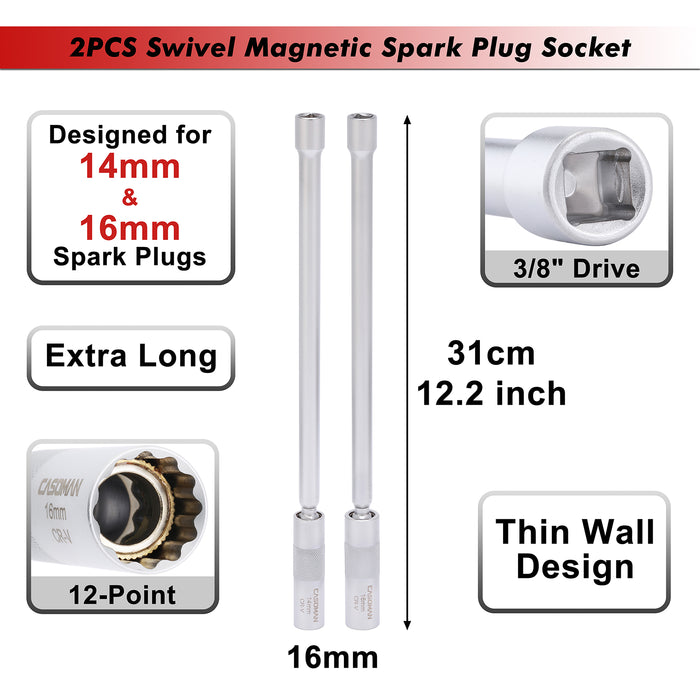 CASOMAN 14mm& 16mm Swivel Magnetic Spark Plug Socket, 3/8" Drive x 12-Inch Ext. Bar Length, 360° Degree Swivel, Thin Wall, 12-Point, CR-V