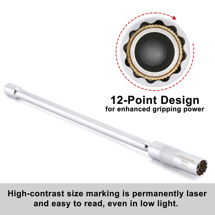 CASOMAN 14mm& 16mm Swivel Magnetic Spark Plug Socket, 3/8" Drive x 12-Inch Ext. Bar Length, 360° Degree Swivel, Thin Wall, 12-Point, CR-V