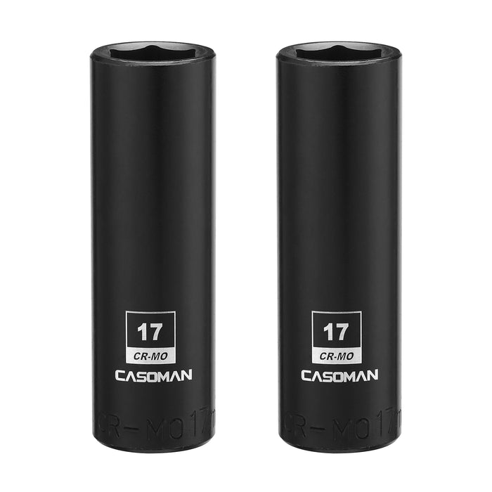 CASOMAN 1/2-Inch Drive x 17mm Deep Impact Socket, 2PCS Set, 6-Point, Metric, CR-MO