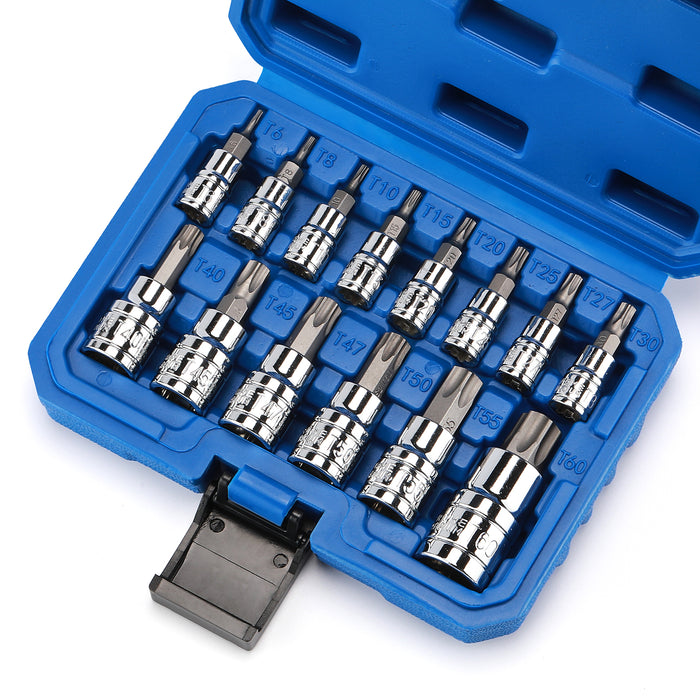 CASOMAN 14-Piece 1/4-Inch, 3/8-Inch & 1/2-Inch Drive Torx Bit Socket Set, T6-T60, Torque Bit Set, Torx Socket Set, CR-V & S2