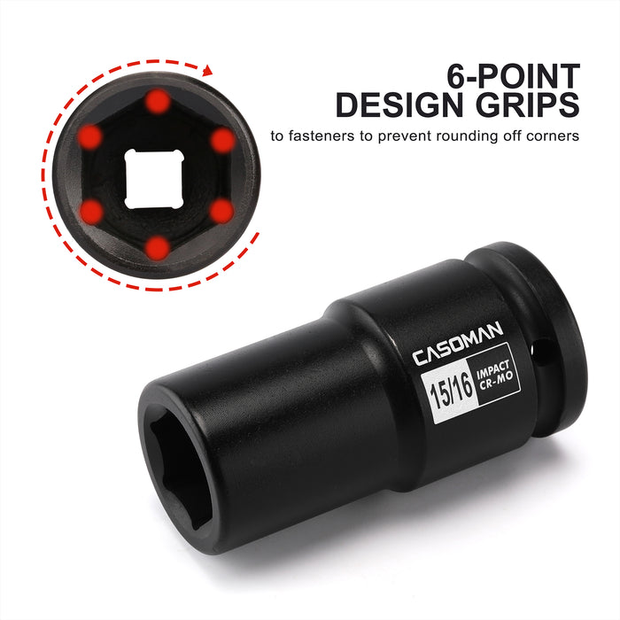 CASOMAN 3/4" Drive Deep 6 PT Impact Socket-15/16", CR-MO, 3/4-inch Drive 6 Point Axle Nut Socket for Easy Removal of Axle Shaft Nuts (15/16")