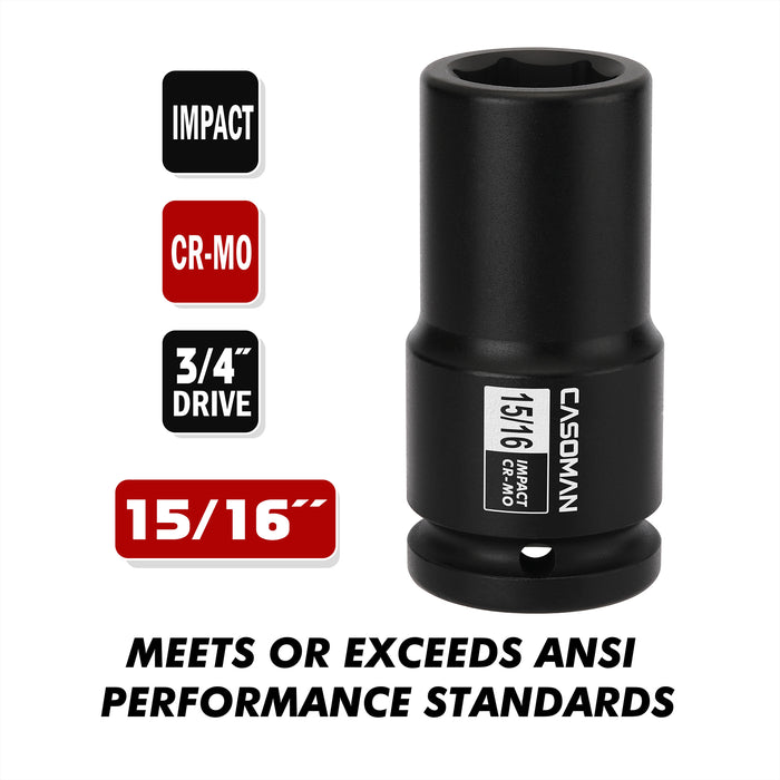 CASOMAN 3/4" Drive Deep 6 PT Impact Socket-15/16", CR-MO, 3/4-inch Drive 6 Point Axle Nut Socket for Easy Removal of Axle Shaft Nuts (15/16")
