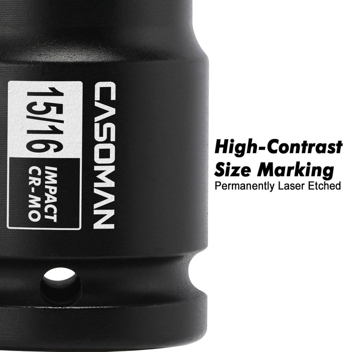 CASOMAN 3/4" Drive Deep 6 PT Impact Socket-15/16", CR-MO, 3/4-inch Drive 6 Point Axle Nut Socket for Easy Removal of Axle Shaft Nuts (15/16")