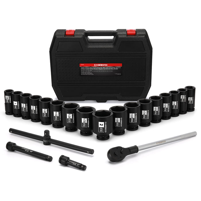 CASOMAN 3/4-Inch Drive Jumbo Master Impact Socket Set, 21PCS SAE Deep Socket Assortment (13/16" to 2"), Include Extension Bar and Ratchet Handle, CR-MO