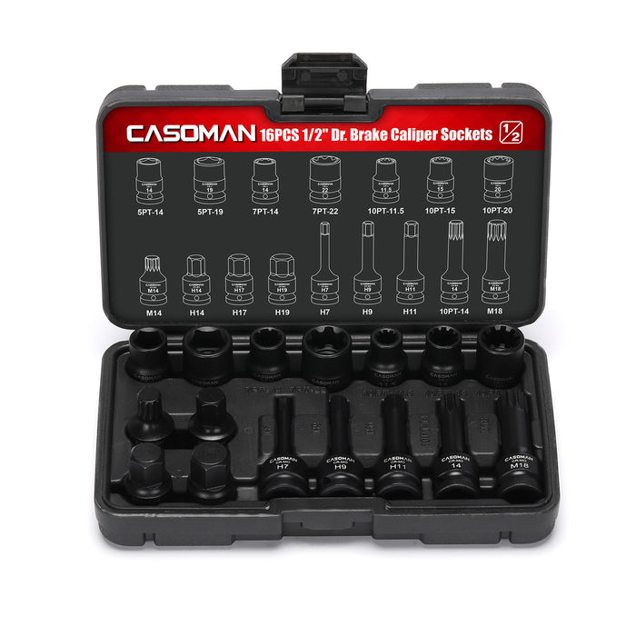 CASOMAN 16-Piece 1/2" Drive Impact Brake Caliper Socket Set, 5PT 7PT 10PT M14 M18 & Hex Sockets Compatible with Ford Benz BMW VW Audi Porsche