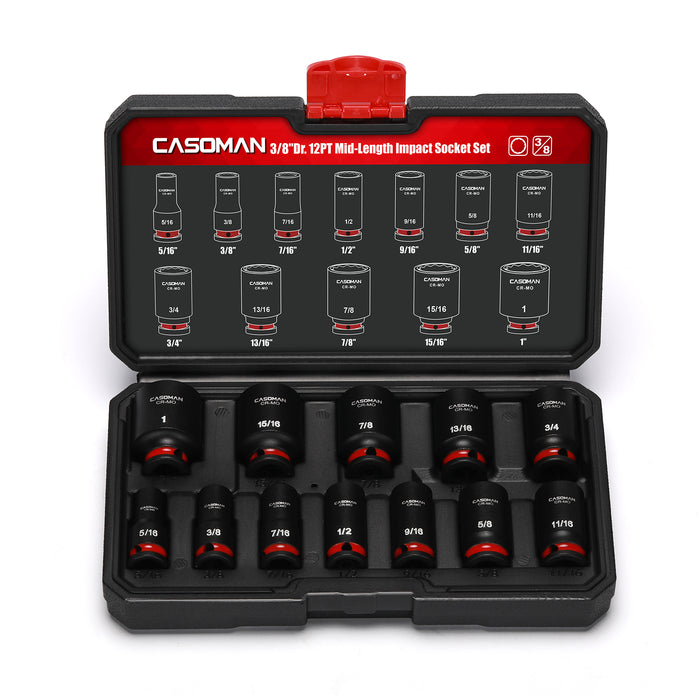 CASOMAN 12-Pieces 3/8" Drive Mid-Length Impact Socket Set, 12-Point, SAE, 5/16-Inch to 1-Inch, CR-MO Steel, with Storage Case