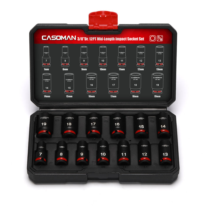 CASOMAN 13-Pieces 3/8" Drive Mid-Length Impact Socket Set, 12-Point, Metric, 7mm - 19mm, CR-MO Steel, with Storage Case