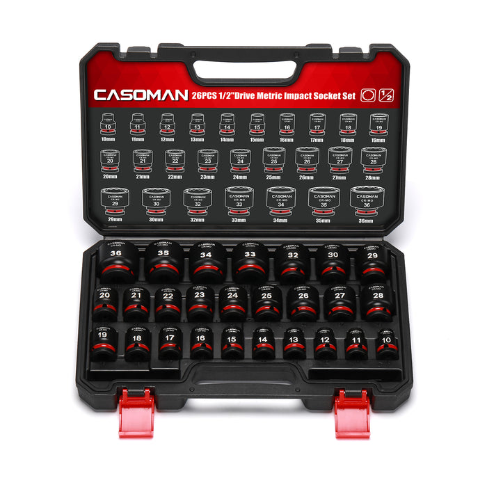 CASOMAN 26-Pieces 1/2" Drive Standard Impact Socket Set, 12-Point, Metric, 10mm - 36mm, CR-MO Steel, with Storage Case