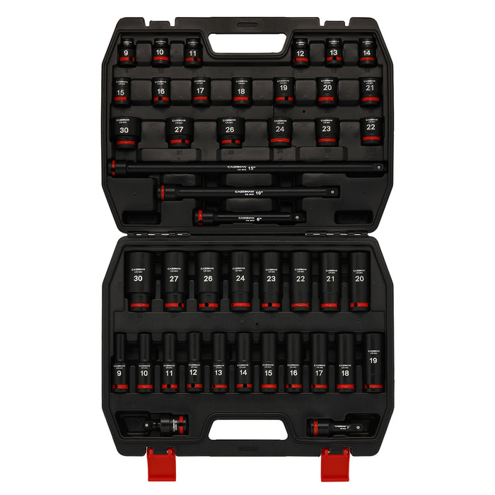 CASOMAN 43-Pieces 1/2" Drive Master Impact Socket Set, Deep and Standard, 6-Point, Metric, 9mm - 30mm, CR-MO Steel, Impact Universal Joint & Extension Bars, with Storage Case