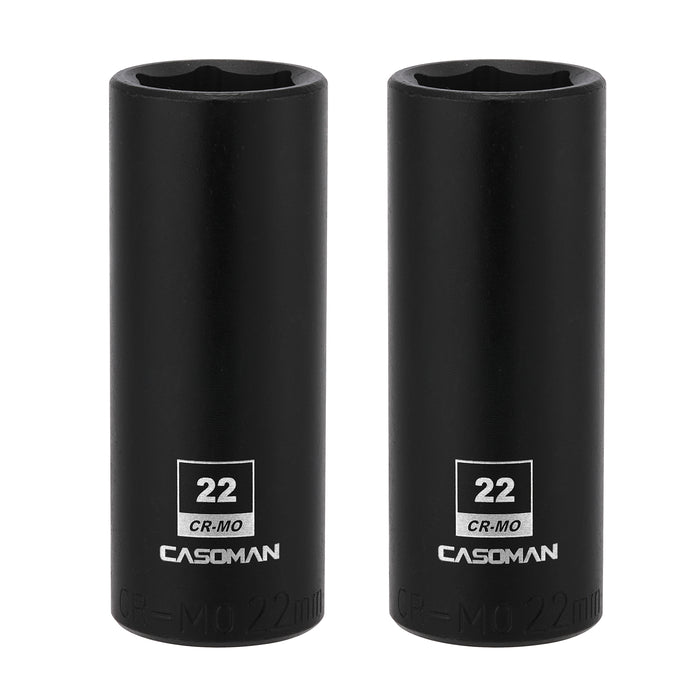 CASOMAN 1/2-Inch Drive x 22mm Deep Impact Sockets, 2PCS Set, 6-Point, Metric, CR-MO