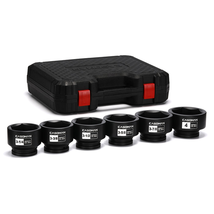 CASOMAN 6-Piece 1" Drive Shallow Spindle Axle Nut Impact Socket Set, 6-Point, Standard Large Socket Set, SAE (3-1/4" to 4"), CR-MO Steel, with Storage Case